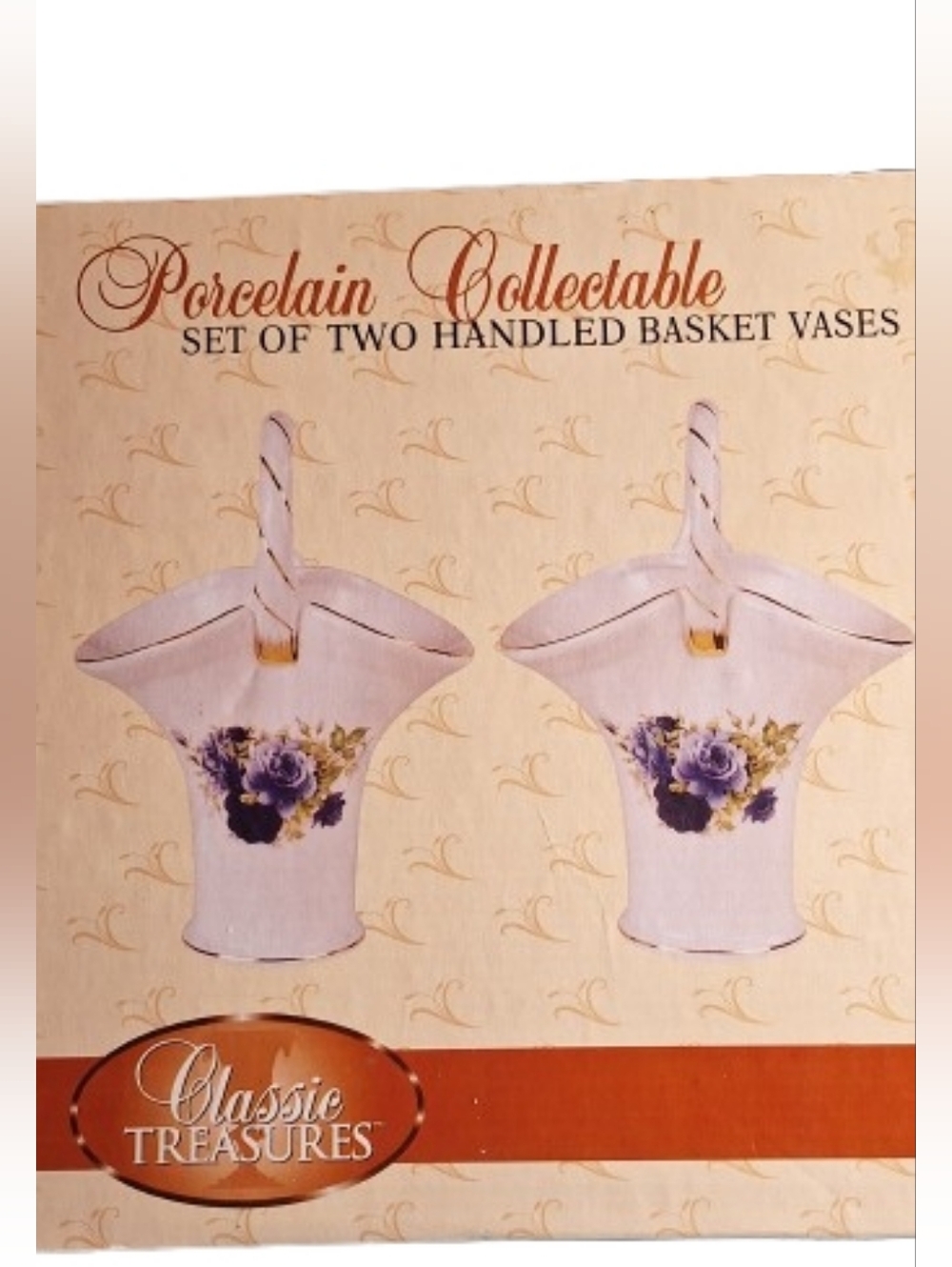 NIB Classic Treasures Vintage Porcelain Collectible Handled Basket Vases